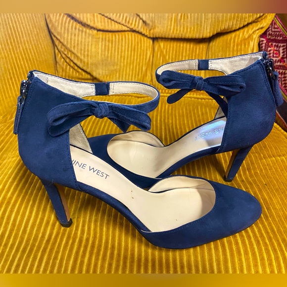 Nine West Shoes Nine West Navy Blue Suede Pump Ankle Strap W Bow